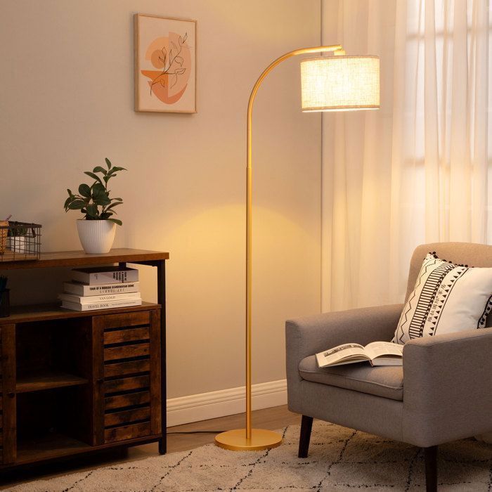 EDISHINE Lampadaire sur pied doré 161 cm lampe à arc abat-jour rotatif en lin beige ampoule E27 2700K fournie pour salon chambre