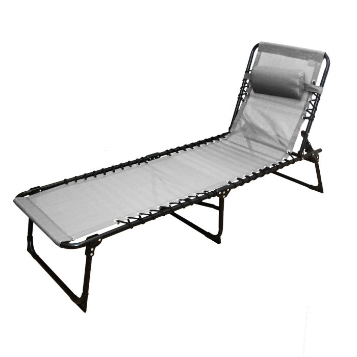 Transat Chaise longue pliante Bain de soleil coloris Gris clair avec coussin - Longueur 188 x Profondeur 55 x Hauteur 30 cm