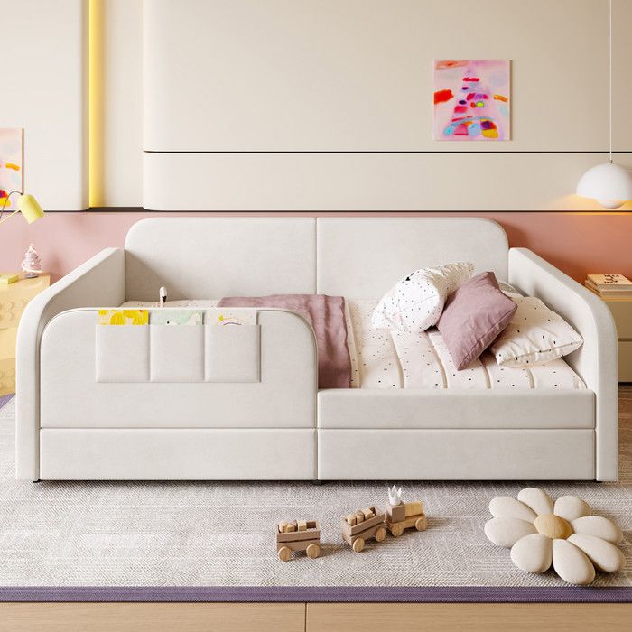 Lit Rembourré Enfant 90x200 cm Canapé-Lit avec 3 Petits Sacs de Rangement 2 Tiroirs sur Roulettes Velours + MDF + Contreplaqué