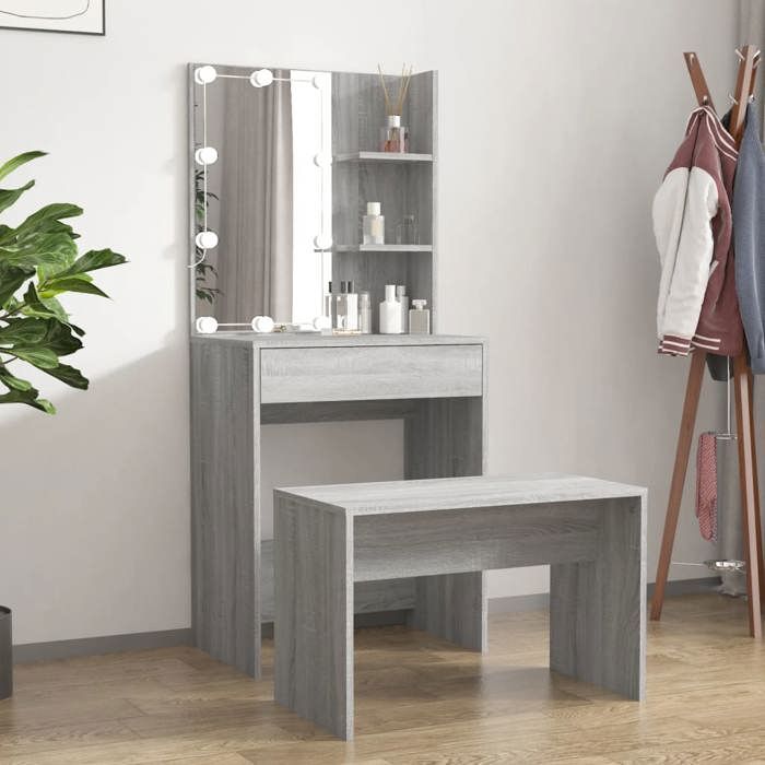 (Gris)Ensemble de Coiffeuse Maquillage avec LED Sonoma gris bois ingénierie 866526