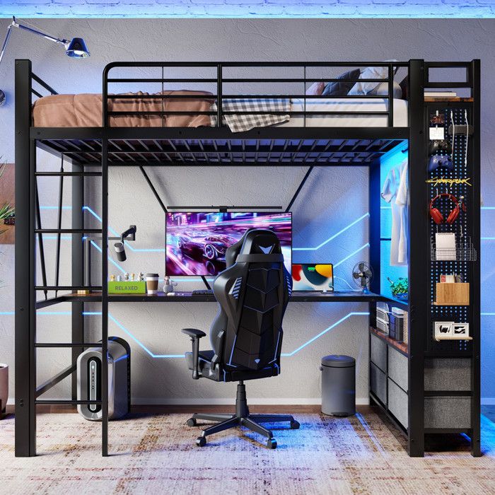 Lit mezzanine 90x200cm cadre en fer Avec bureau-étagères 4 tiroirs-avec prise USB+TYPE-C bande LED-panneau perforé-sans matelas noir