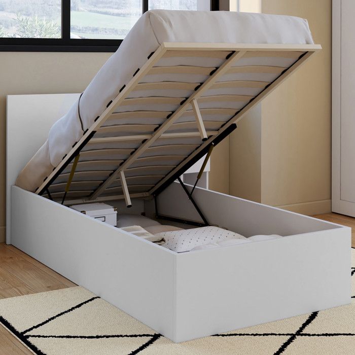IDMARKET Lit coffre simple SEASIDE avec tête de lit et sommier 90 x 190 cm blanc