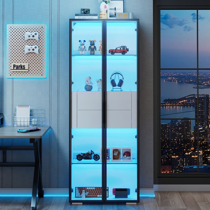 Buffet haut - TANANT - Moderne - Vitrine en verre - Éclairage LED - 2 tiroirs - Blanc