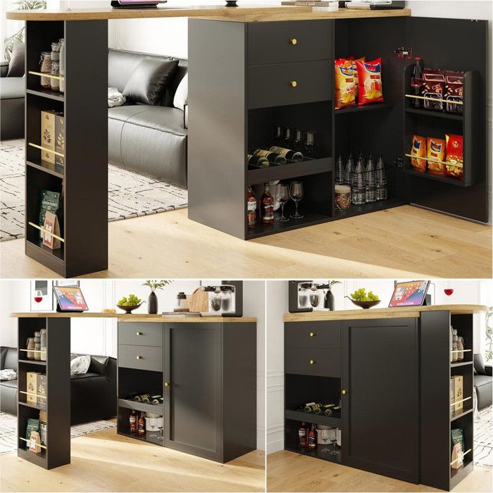 Table de bar rotative à 360° (corps principal 105x39x102 cm) avec 2 tiroirs et armoire à portes coulissantes 3 niveaux de rangement