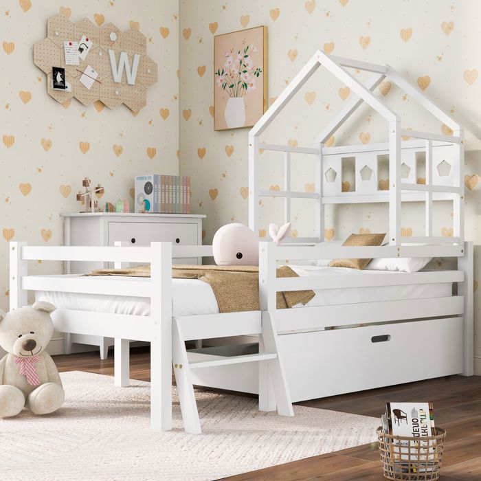 Lit cabane mi-hauteur enfant 90x200 blanc en pin massif avec tiroir sommier et barrières de sécurité Lit cabane mi-hauteur enfant 90x200 blanc en pin massif avec tiroir sommier et barrières de sécurité