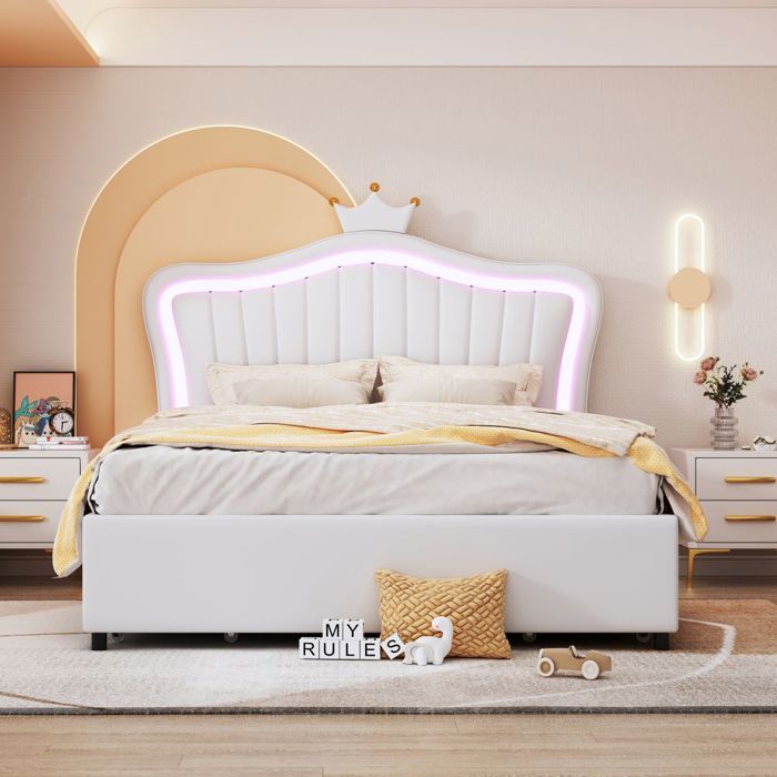 Lit Fille 140x200cm-Couronne Cuir PU Blanc-Éclairage LED-Tiroirs de Rangement-Dossier & Sommier à Lattes-Sans Matelas