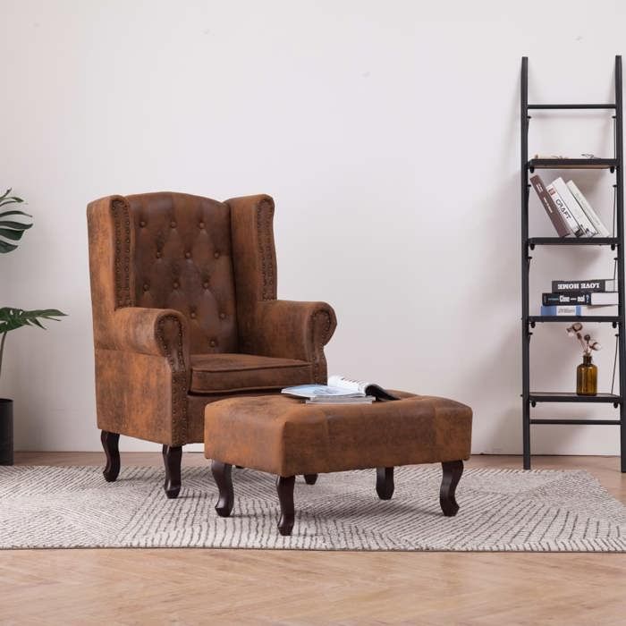 Fauteuil Chesterfield avec repose-pieds - vidaXL - Similicuir daim - Marron - 78x67x108 cm - Repose-pieds inclus