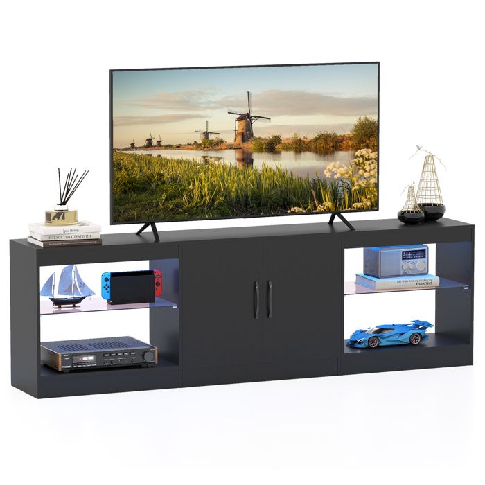 COSTWAY 65 Meuble TV LED avec 16 Couleurs 2 Portes Magnétique 4 Compartiments Ouverts pour Salon Chambre Noir