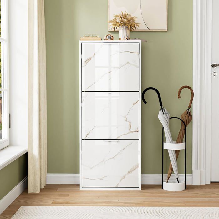 GOOBUY Meuble à Chaussures Inclinable 50cm Armoire à Chaussures avec 3 Compartiments Étagère Réglable Motif en Marbre Blanc