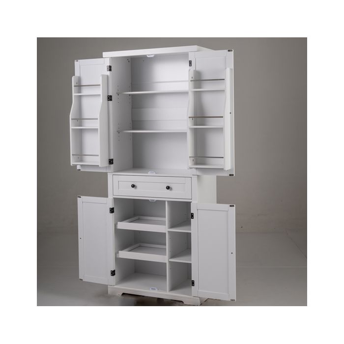 Buffet de Cuisine 184 cm COSTWAY 4 Étagères Réglables Un Grand Tiroir Portes 2 Plateaux Coulissants Charge Total 155 kg Blanc