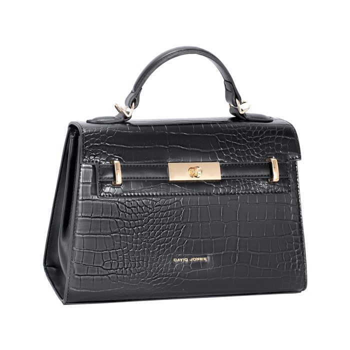 David Jones Paris - Sac à main Similicuir Croco - Taille Moyenne - 2 compartiments - Chic Ville Soirée - Couleur Noir