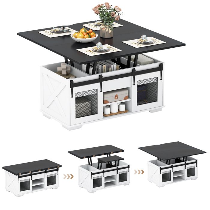 3 en 1 Table Basse avec Plateau Relevable COSTWAY 2 Portes Étagères Ouvertes Rangement Caché Table Convertible de Salon Noir