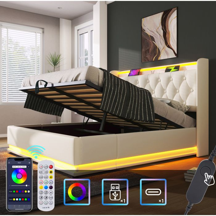 Lit coffre adulte 180x200 cm hydrauliquet rembourré. LED. USB Type-C. PU. blanc. sans matelas