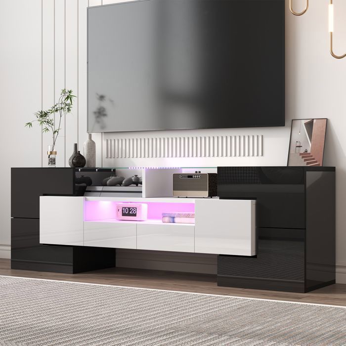 Meuble TV Noir et Blanc - Banc TV Lowboard Moderne - 145 x 30 x 51 cm - pour Salon - MERAX Meuble TV Noir et Blanc - Banc TV Lowboard Moderne - 145 x 30 x 51 cm - pour Salon - MERAX