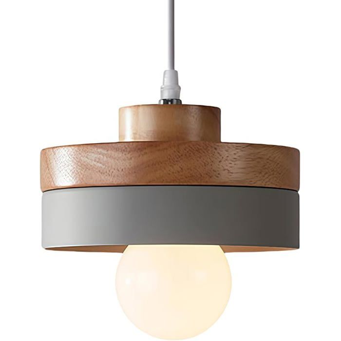 Suspension Luminaire Bois Rétro Plafonnier Design Vintage E27 Eclairage Intérieur Ronde Lustre Moderne Abat-jour Gris+ronde LUSTRE