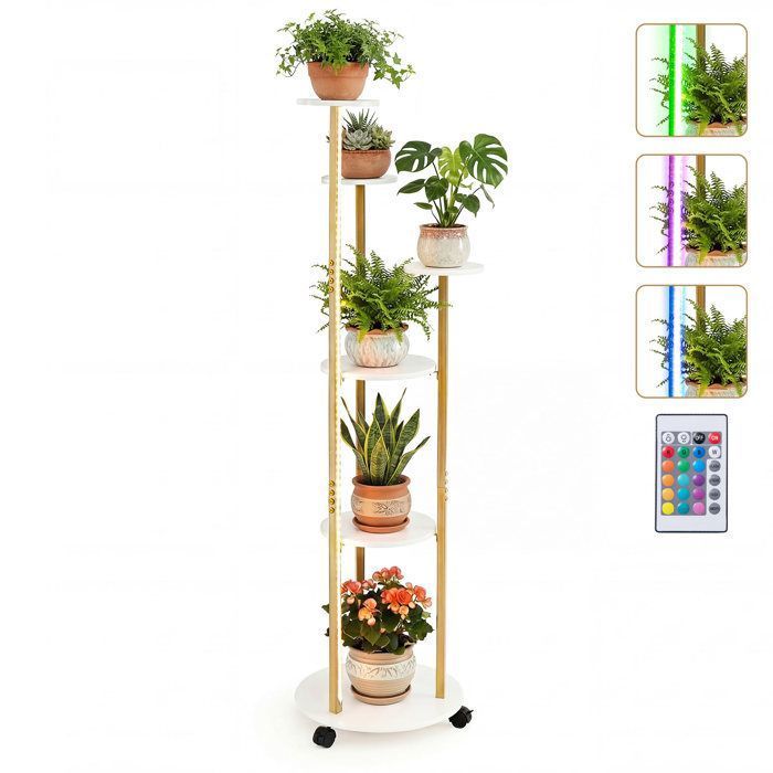 Porte-Plante à 6 Niveaux COSTWAY Lumières LED Réglable Roulettes Verrouillables Télécommande Support pour Plantes Intérieur Blanc