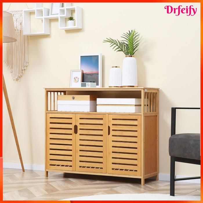 Buffet bas - AKOZON - 8039 - 3 portes ajourées - Bambou naturel - 100x35x82 cm