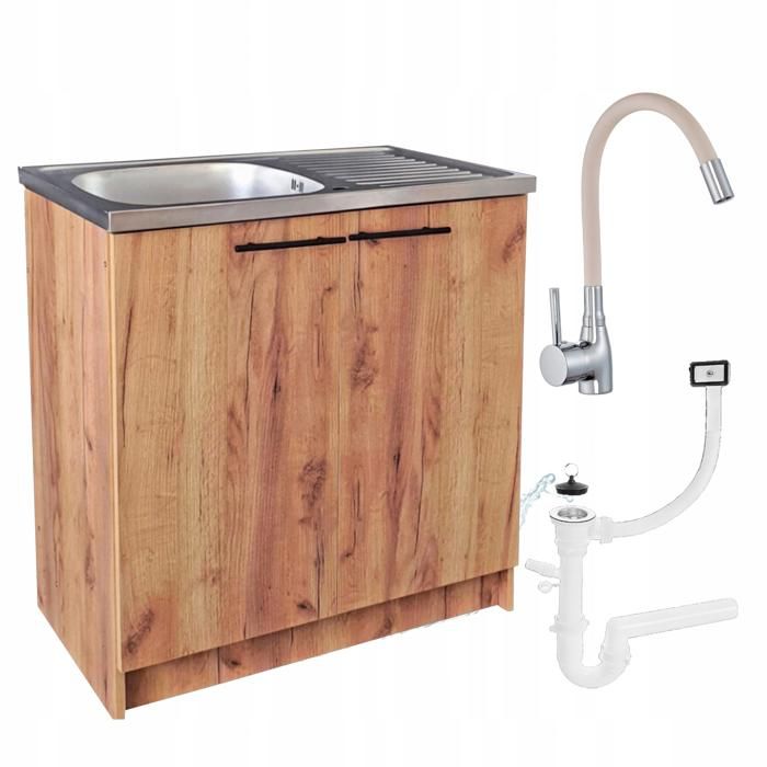 Meuble sous Évier 80 cm Chêne Doré + Évier Inox + Robinet Extensible Beige + Siphon LV - 80x49x82 cm
