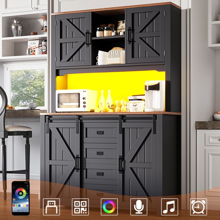 Meuble Buffet haut de cuisine noir avec éclairage LED salle a manger en bois-Style Scandinave-115 × 40 × 175 cm