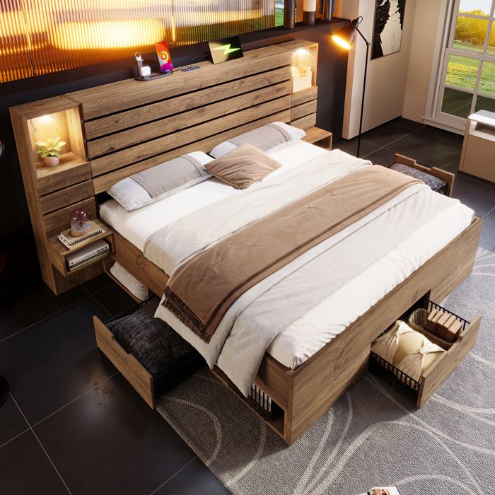 Lit Double Rembourré 180x200 cm avec Éclairage LED 3 Tiroirs de Rangement Tables de Chevet Flottante et Ports USB - Effet Chêne