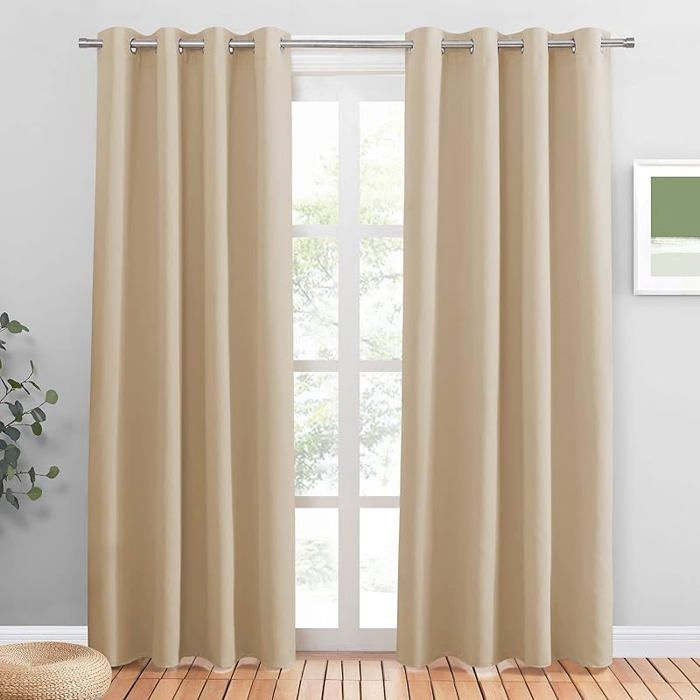 Rideaux Salon Thermiques - Paire de Rideau Beige Chambre Unicolore à Oeillets Jaune Beige 140L X 200H cm (2 Panneaux)