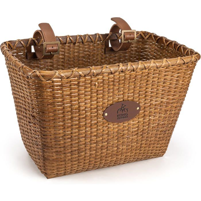 Panier de vélo-Design rétro Guidon de vélo Robuste avec Support en Bois et Bretelles en Cuir idéal comme Panier de vélo Avant
