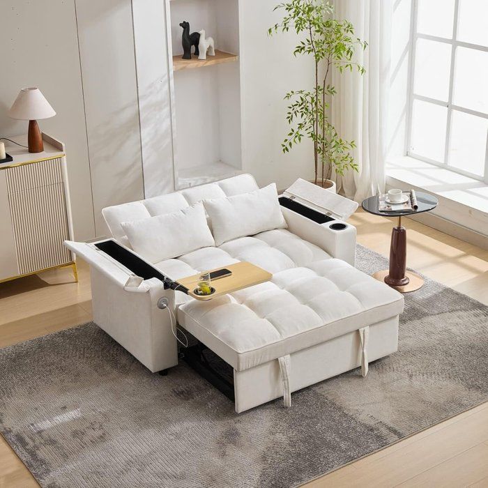 Canapé d’angle 2 places convertible petit canapé avec dossier réglable port USB porte-gobelets 140.5x74x82 cm beige
