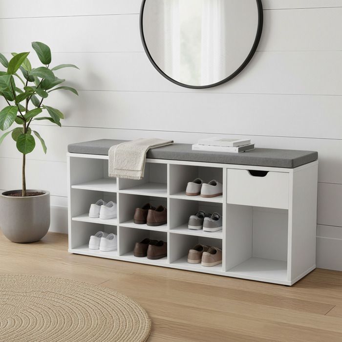 Meuble à chaussures pas cher Banc de Rangement avec Tiroir et Compartiments Couloir Entrée Chambre Blanc Meuble à chaussures pas cher Banc de Rangement avec Tiroir et Compartiments Couloir Entrée Chambre Blanc