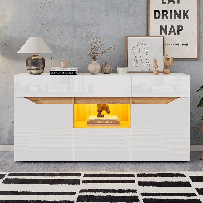 Buffet de salon - PAGE LIVING - 140x40x70 cm - Blanc & aspect bois - 4 tiroirs + 2 compartiments - LED contrôlable