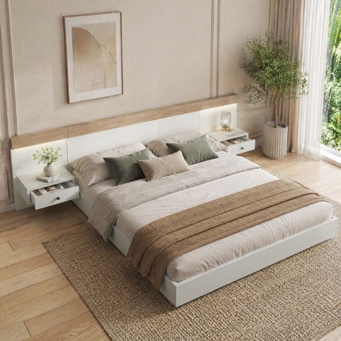 ULEVR Lit double 160 x 200 cm avec 2 chevets suspendus LED USB/USB-C et prise EU blanc chêne Sonoma