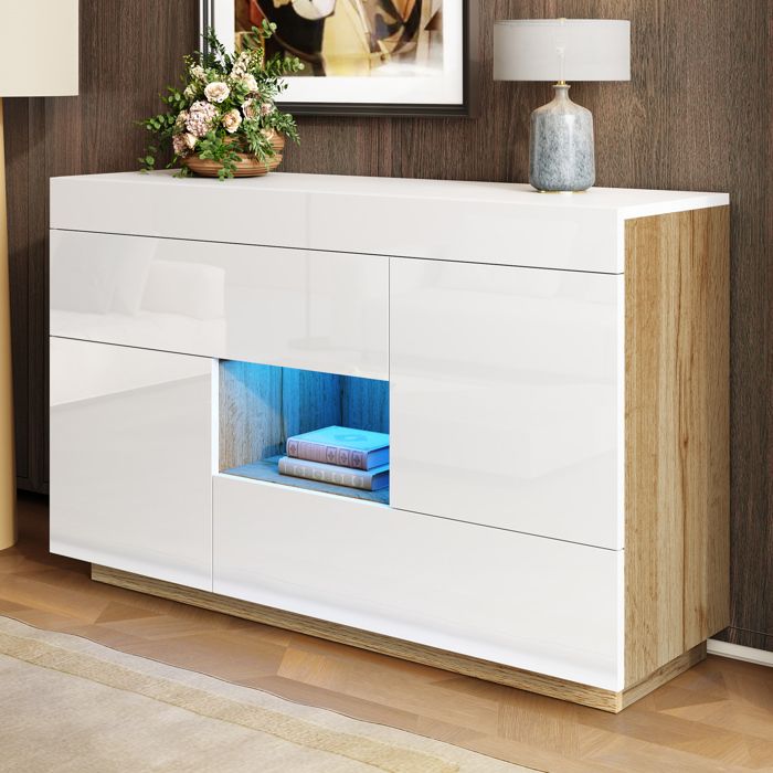 Buffet Bas 2 Tiroirs 2 Portes LED - TCQPZ - Niche Ouverte en Panneaux de Particules Blanc 120 × 37 × 76 5 cm