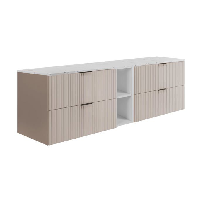 Meuble de salle de bain suspendu - Ensemble 180 cm Cachemire & Blanc - 4 tiroirs 2 étagères - Plan effet marbre