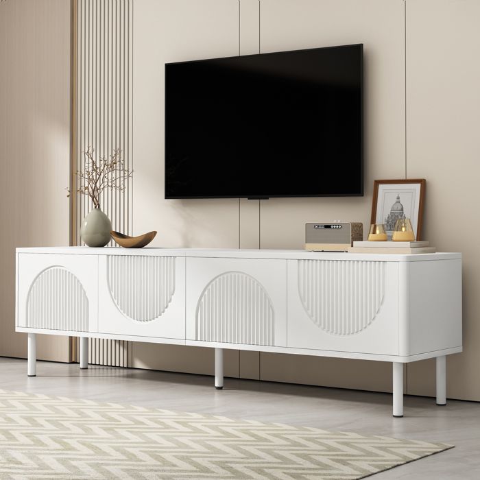 Banc TV Moderne - Meuble TV Blanc - 180 x 40 x 52 cm - avec 4 Rangements Portes 3D Relief Gestion des Câbles