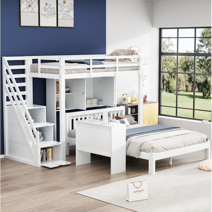 ULEVR Lit superposé enfant blanc avec rangements escalier bureau mobile 90x200 + 140x200 cm bois et MDF