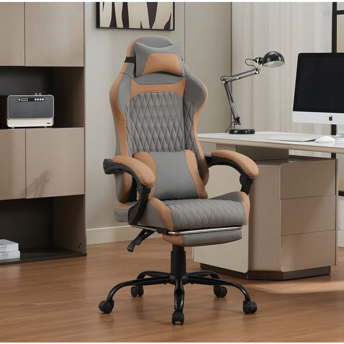 Chaise de Bureau Ergonomique avec Repose-pieds et Dossier 90-135° - TCQPZ - Rotation 360° PVC Gris et Marron