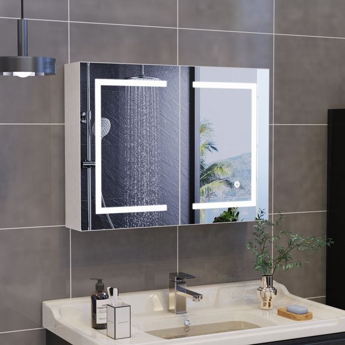 Armoire Miroir Salle de Bain LED 2 Portes 80x135x60 cm Prise Tactile Anti-buée 3 Couleurs Luminosité Réglable 2 Étagères