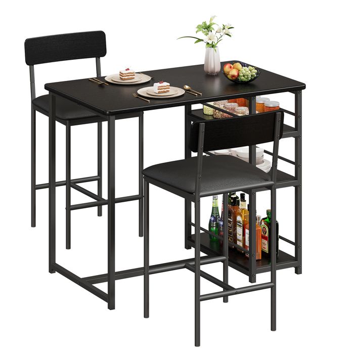 Garvee Ensemble compact 3 pièces : table haute cuisine + 2 chaises velours étagères. Idéal petit espace/appartement. 1+2 Set - Noir