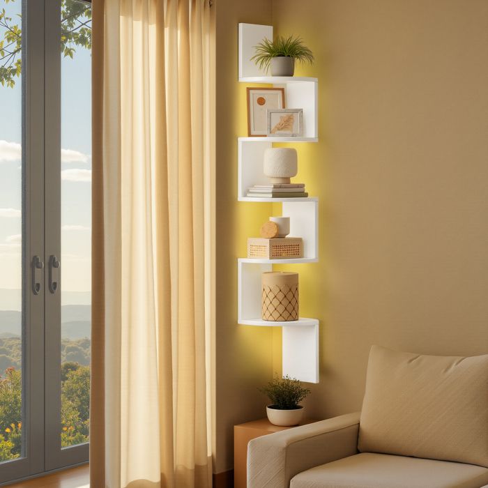 Meuble Étagère avec Éclairage LED 5 Niveaux en Zigzag 20 x 20 x 126 cm Blanc