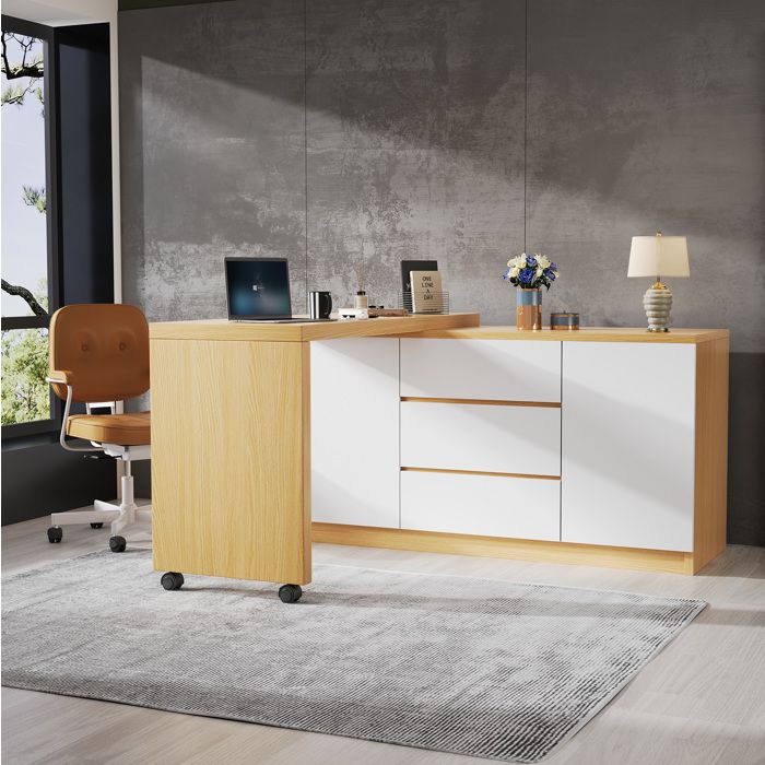 WUVRIE Bureau pivotant 360° avec rangement 120 x 50 x 765 cm 2 portes 3 tiroirs blanc et décor chêne