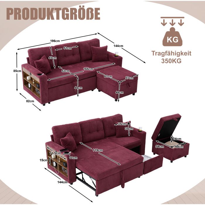 HOMVRA Canapé convertible 3 places en velours côtelé rouge bordeaux avec rangement USB-C LED et porte-gobelets