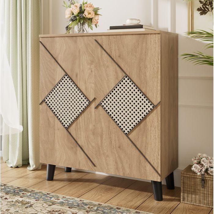Meuble à Chaussures 2 Portes 4 Niveaux et Portes Fermées - MEUNIQ - Effet Rotin Entrée Aspect Bois 80×32×91 cm