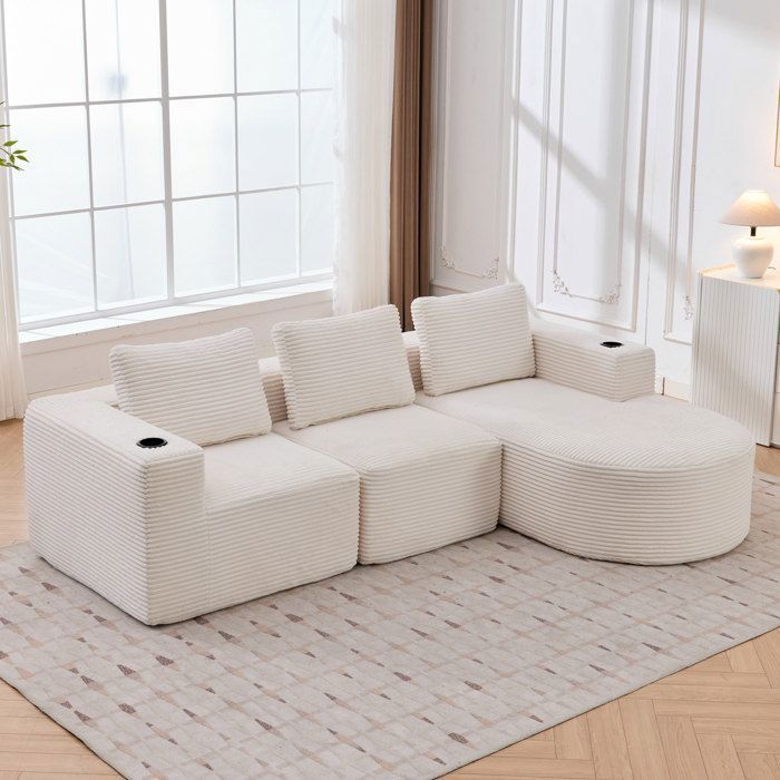 Modenuit canapé compressé beige avec méridienne droite velours côtelé 3 coussins et 2 porte-gobelets