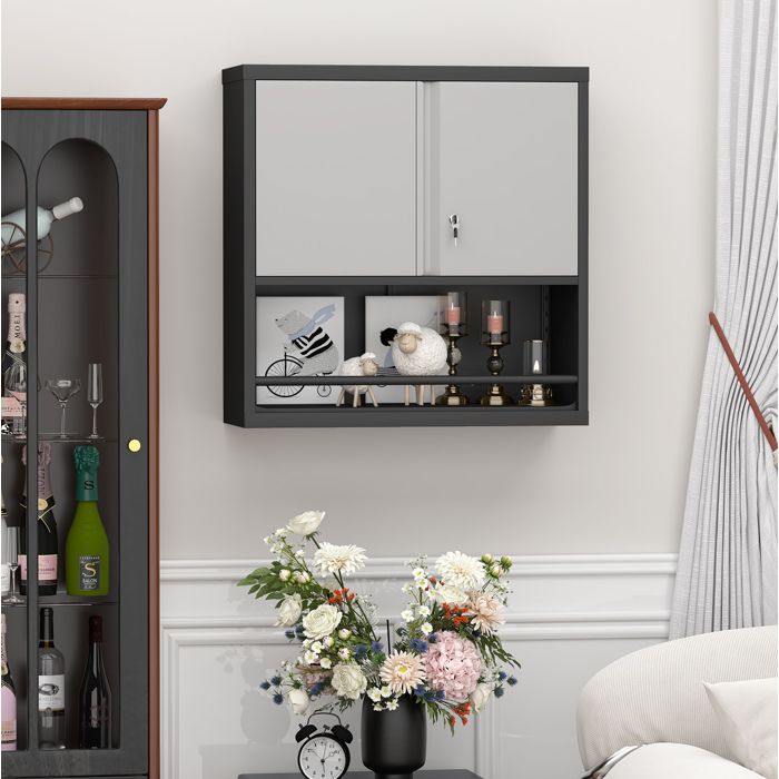 Armoire murale de rangement en métal 2 portes avec étagères réglables et serrure acier noir 76 2 x 30 5 x 78 cm