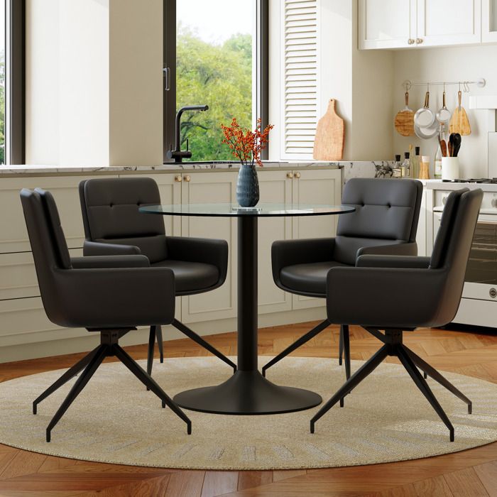 Table de Salle à Manger Ronde 4 Personnes avec 4 Chaises Pivotantes 360° - ELVMI - Verre Trempé Noir 85 cm