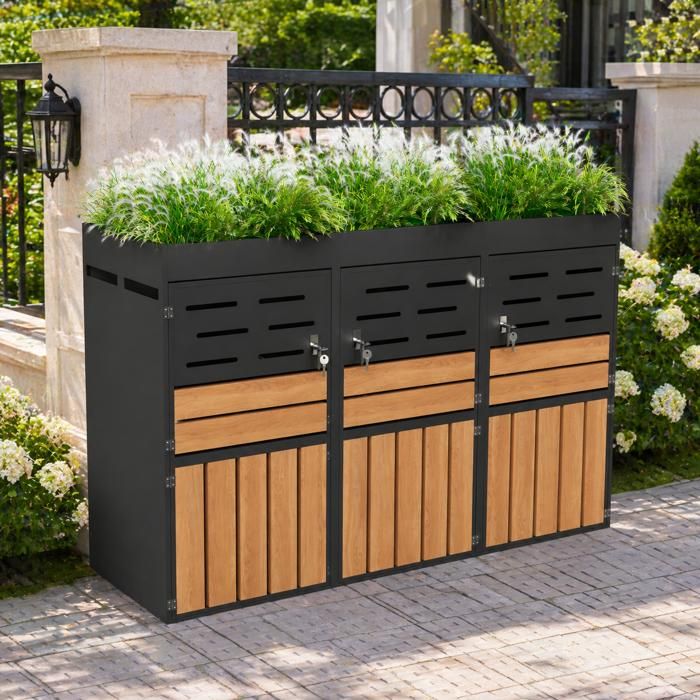 Armoire de jardin - Multifonction 3 compartiments - Jardinière intégrée - Ventilation à persiennes - Acier galvanisé