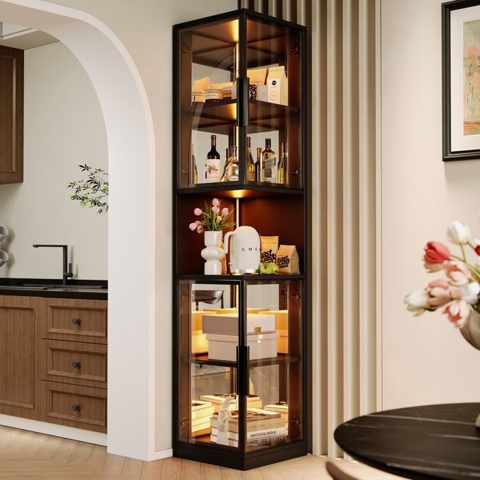 Vitrine dangle en Verre avec éclairage LED Armoire de Collection avec Doubles Portes en Verre et Panneau Arrière en Miroir Noir
