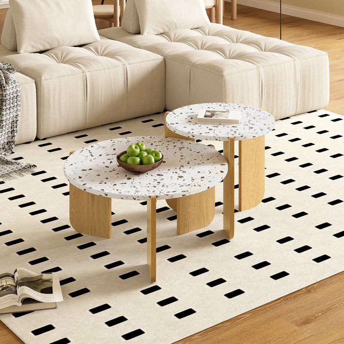 VUENOR Table basse gigogne ronde lot de 2 70x70x35/50x50x45 5 cm MDF blanc et bois modulable