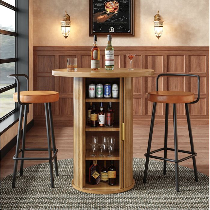 Ensemble Table et Chaises de Bar avec Table Ronde et 2 Tabourets - BEAUNIV - Porte Coulissante - MDF-Métal - Bois