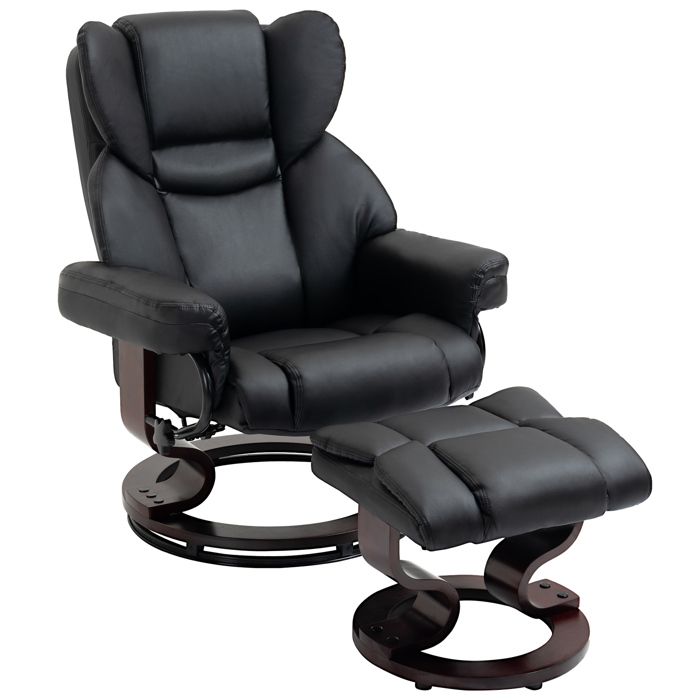 Fauteuil relax pivotant - Cuir synthétique noir - Inclinaison jusquà 145° - Pivotant à 360° - Repose-pieds inclus
