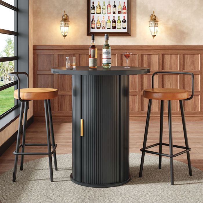 Ensemble table de bar - WESTYLE - Ronde avec rangement + 2 tabourets - MDF aspect bois - Assises ergonomiques - Pieds métal